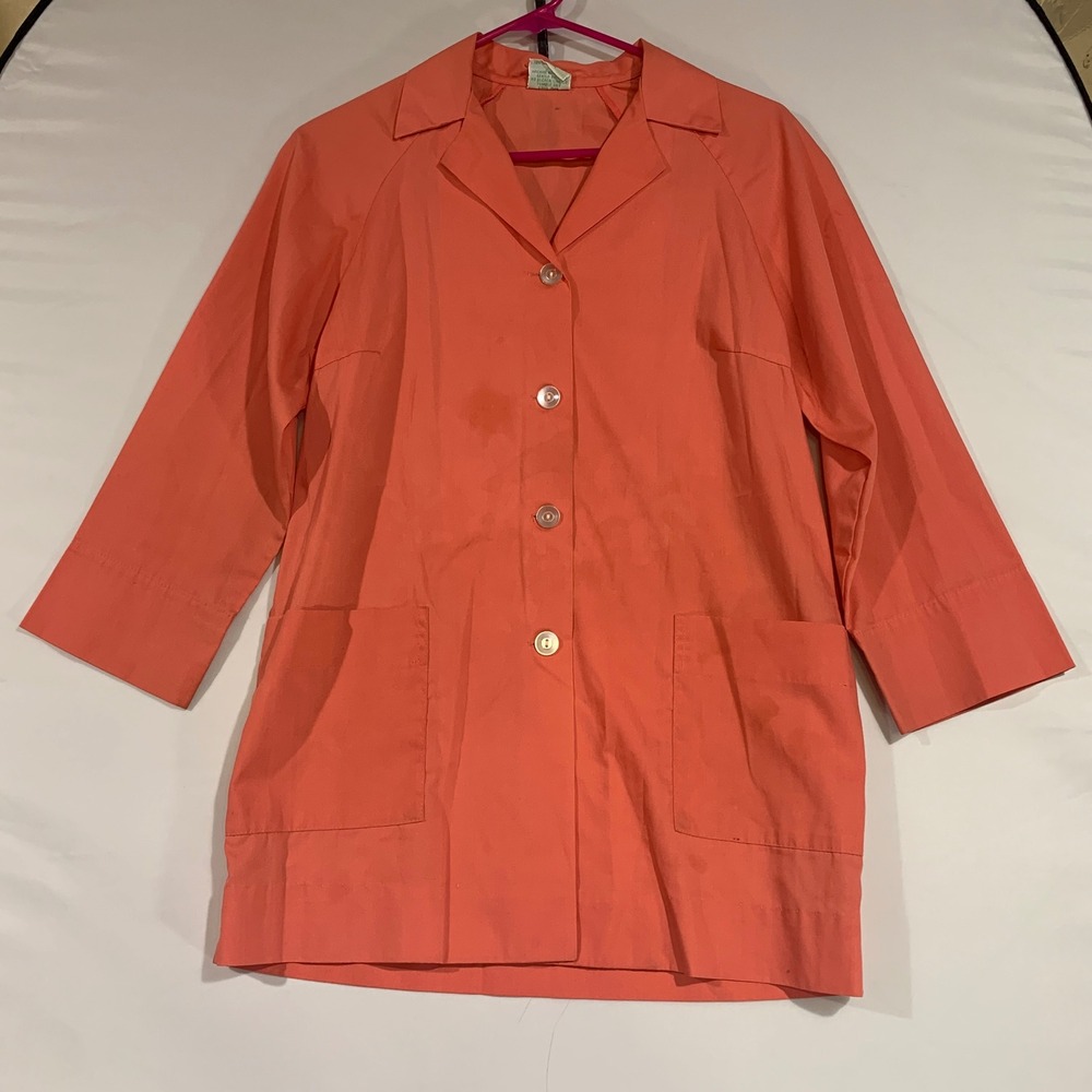 Laurie B Vintage 70s Coral Top Button Up 3/4 Sleeve Pockets Long Shirt Medium